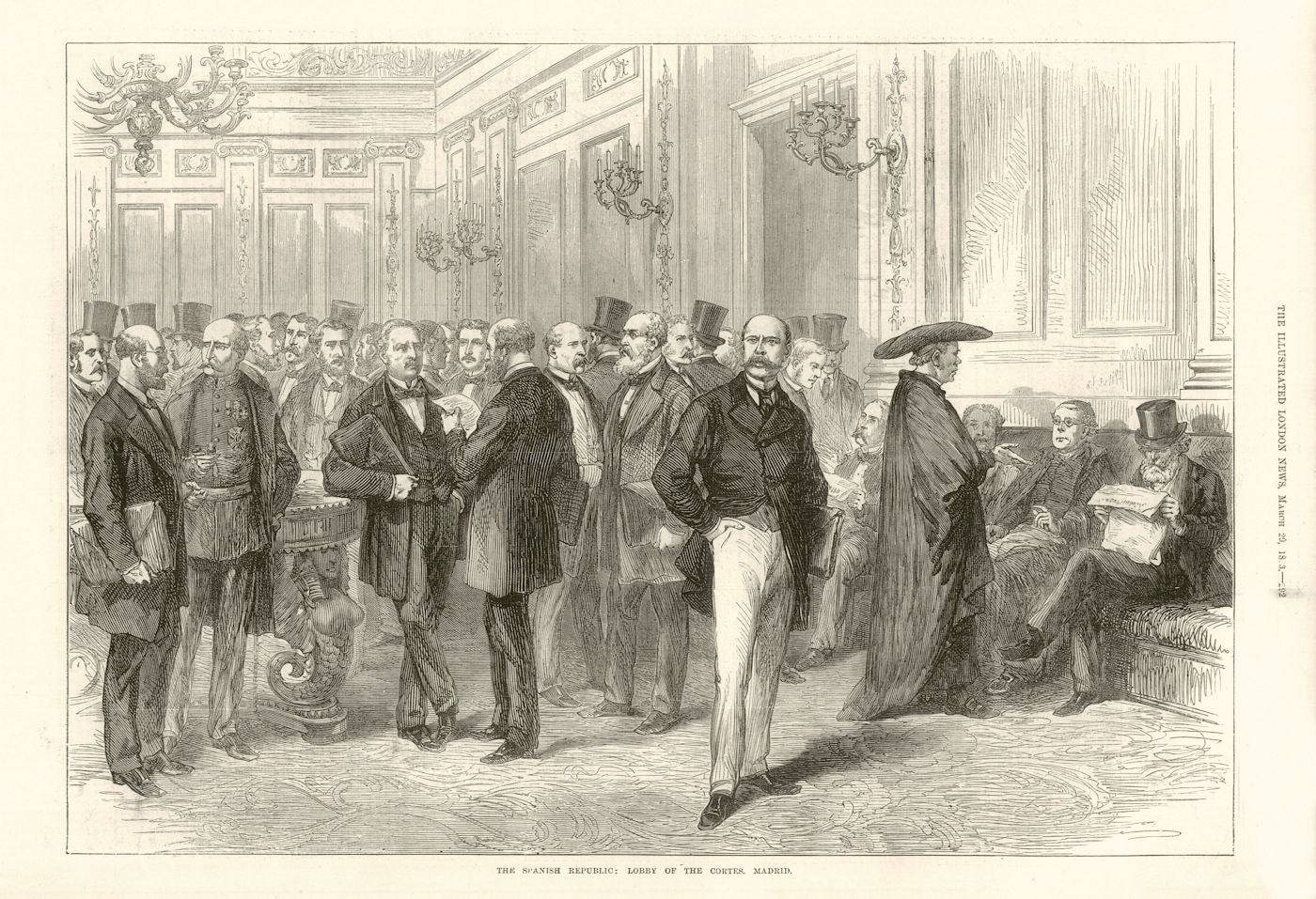 The Spanish Republic: Lobby of the Cortes. Madrid. Spain 1873 old print